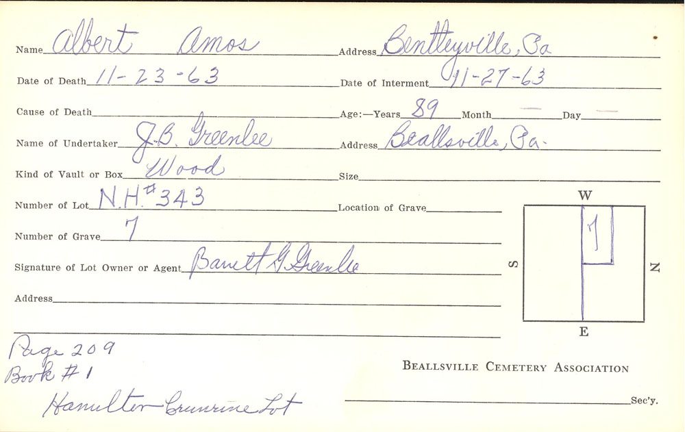 Albert Amos burial card